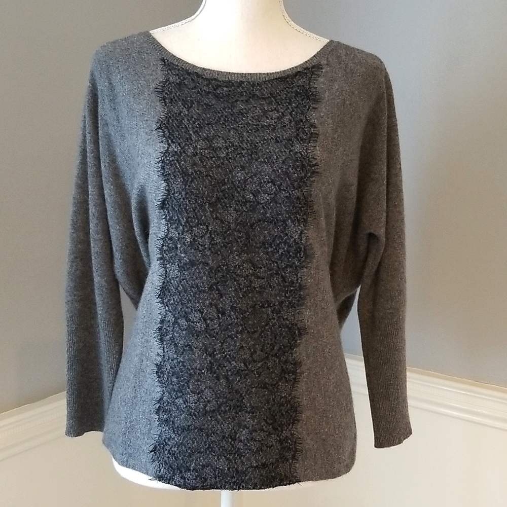 GARNET HILL LACE INLAY CASHMERE SWEATER COLOR COAL- NEW - Picture 2 of 7